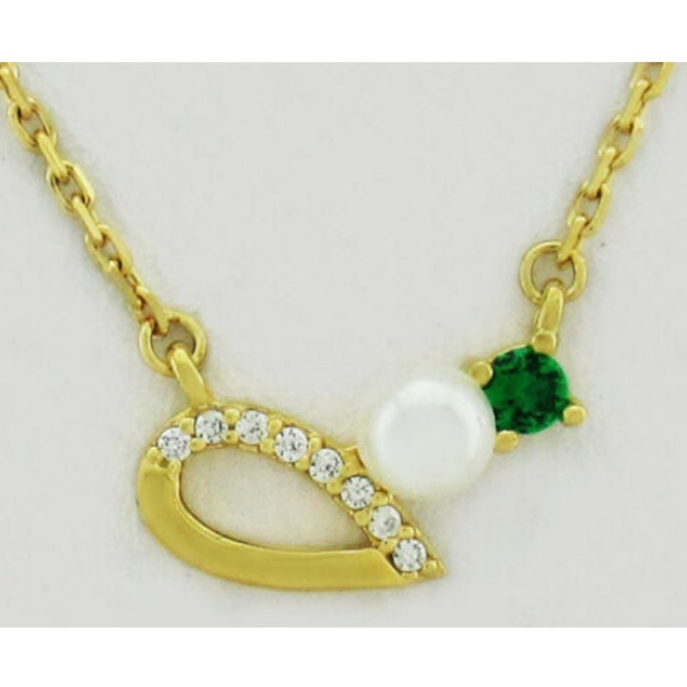 EMERALD, WHITE SAPPHIRES & GENUINE PEARL NECKLACE .925 Silver (Yellow)